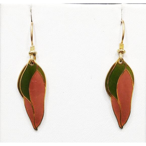 Laurel Burch "Barbee's Blossom" Earrings, Green & Dusty Pink, Gold Plated, 1980s - Picture 6 of 10
